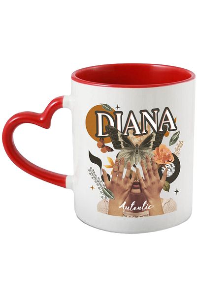 StoryGift Romania Mug With Name Diana, Girl Collage, Butterfly, Flowers, Circle, 330ml, Ceramic with Handle, With ,STG