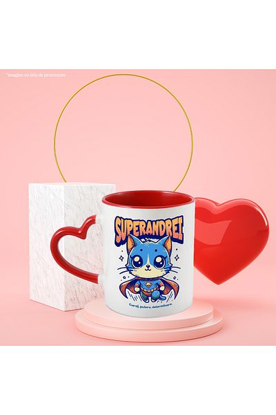 StoryGift Romania Super Andrei Mug, Superhero, Flying Cat, 330ml, Ceramic with Red Heart Handle, With,STG.