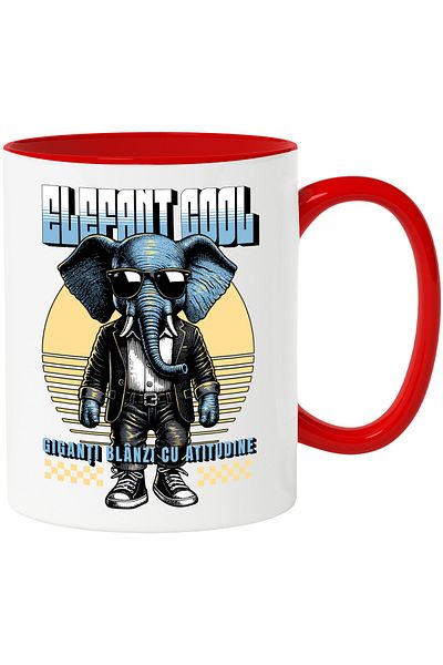 StoryGift Romania Cool Elephant Mug. Gentle giants with style, animal, 330ml, Ceramic with Red Handle, With M,STG.