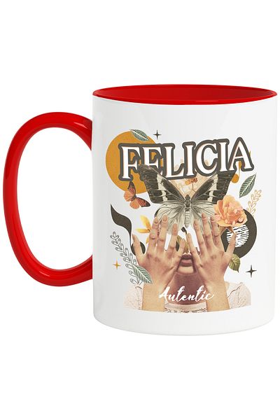StoryGift Romania Felicia Name Mug, Girl Collage, Butterfly, Flowers, Circle, 330ml, Ceramic with Handle, With ,STG