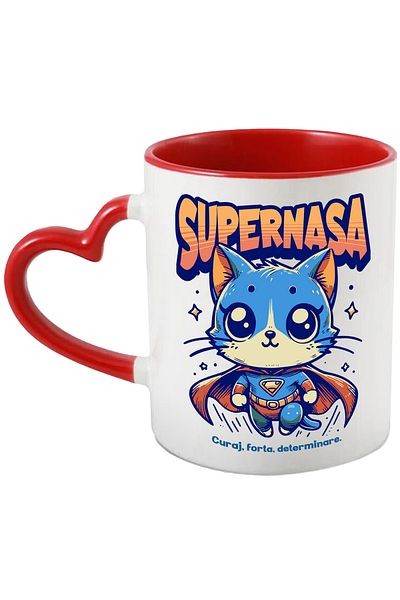 StoryGift Romania Super Nasa Mug, Superhero, Flying Cat, 330ml, Ceramic with Red Heart Handle, With ,STG