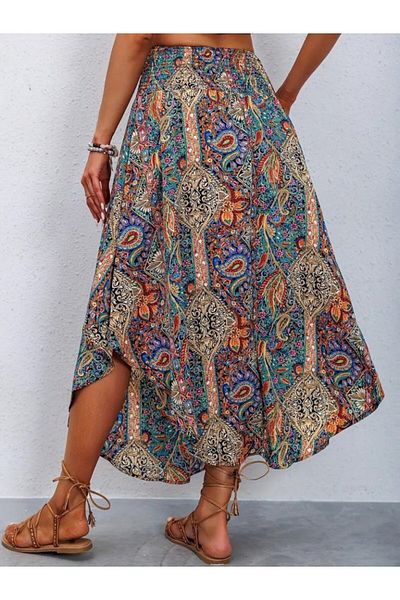 Eserden Women's Elastic Waist Lace up Asymmetrical Cut Detailed Patterned Wrap Skirt