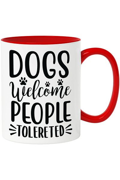 StoryGift Romania Mug with paws and the message "Dogs welcome tolerated people" with Red Handle, With M,STG.