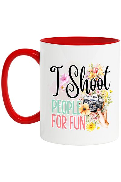 StoryGift Romania Mug with the message "I shoot people for fun", illustration, activity, flowers, hand, a, With ,STG