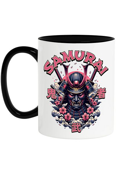 StoryGift Romania Samurai Mug - Flowers, Sword, Illustration, 330ml, Ceramic with Black Handle, With Black Handle, STG