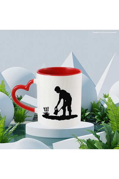 StoryGift Romania Mug with a hardworking child - doing chores in the garden watering the plants with Heart Handle R, Cu, STG.