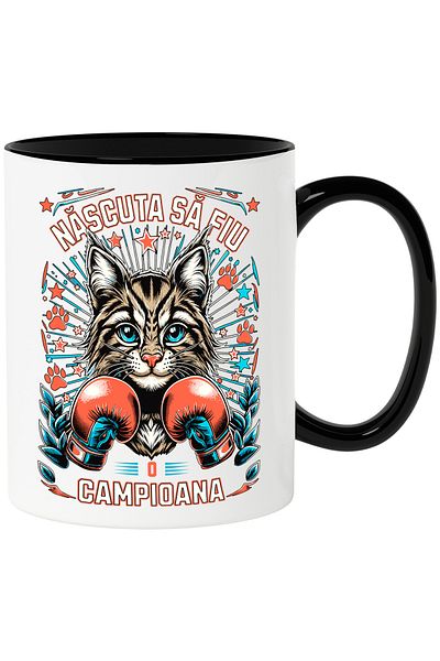 StoryGift Romania Cat with Boxing Gloves Mug, Champion, 330ml, Ceramic with Black Handle, With Black Handle, STG