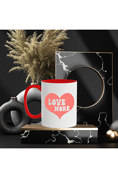 StoryGift Romania Mug with a heart that says "Love more" - love more with Red Handle, With Handle, STG