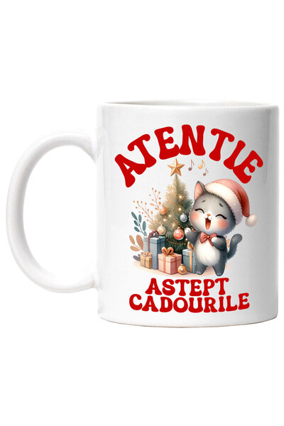 StoryGift Romania Cana cu Pisica Cantand Langa Bradul De Craciun Text Atentie...