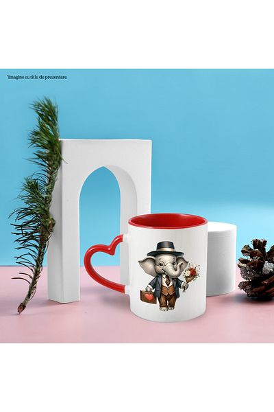 StoryGift Romania Mug with an elephant in a suit holding a bouquet of flowers and a briefcase with a ca, With,STG.