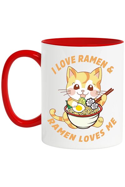 StoryGift Romania Mug with a kitten eating ramen with the message "I love ramen & ramen loves me", With ,STG