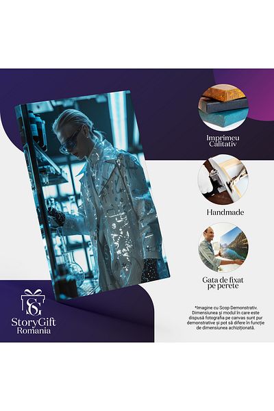 StoryGift Romania Canvas Print: Model In Eccentric White Suit With Silver Details And Gloves In Laboratory- Desig