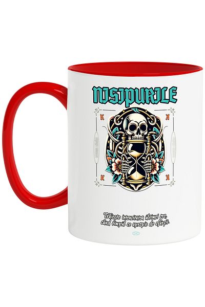 StoryGift Romania Mug The Sands of Time skull head hourglass time, 330ml, Ceramic with Red Handle, With ,STG