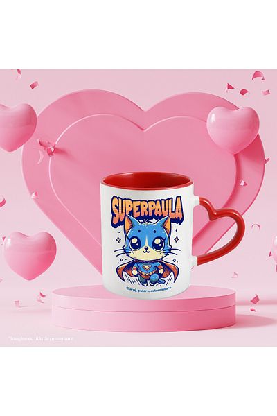 StoryGift Romania Super Paula Mug, Superhero, Flying Cat, 330ml, Ceramic with Red Heart Handle, With,STG.