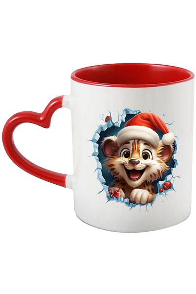 StoryGift Romania Mug with a tiger cub wearing a Christmas hat sticking its head out of a hole and, With ,STG