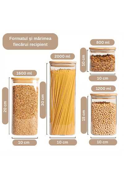 Köken Set de 5 recipiente pătrate din sticlă borosilicată x 0,8 l, diverse dimensiuni, cu capace etanșe din bambus Koken