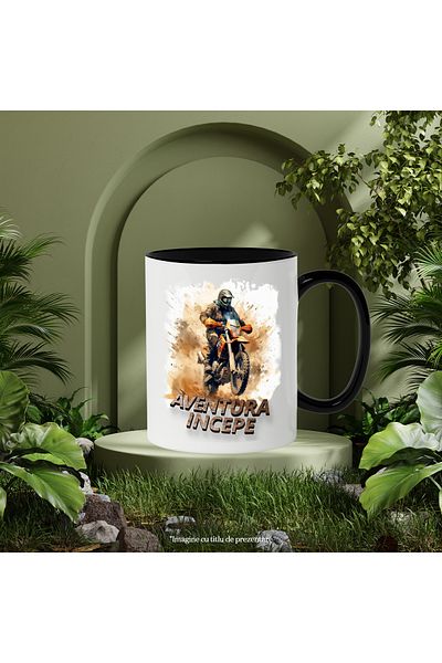 StoryGift Romania Mug With Message The Adventure Begins, Mud, Motorcycle, Helmet, Multicolor 330 ml, Sky, With, STG