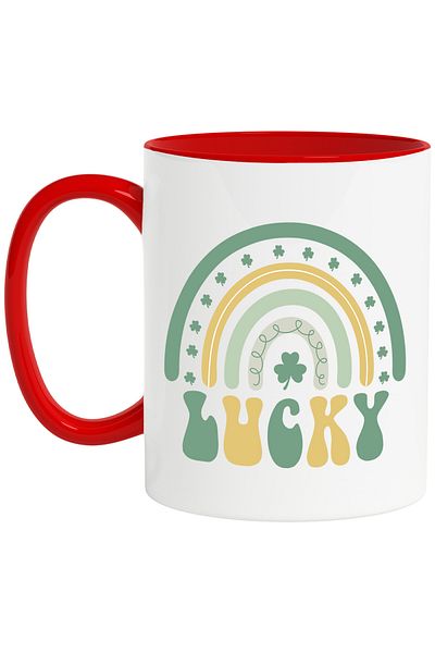 StoryGift Romania Mug with clover and the word "Lucky" in English - lucky with Red Handle, With Handle, STG