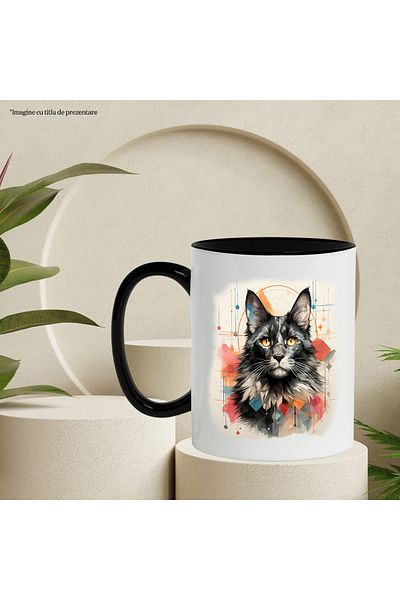 StoryGift Romania Cat Mug, Cube, Illustration, Geometric, Circle, Stripes, Multicolor 330 ml, Wax, With ,STG