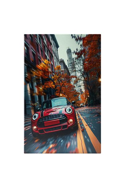 StoryGift Romania Tablou Canvas Mini Cooper Masinuta Rosie Cu Dungi Negre Pe Capota Pe O Strada Linistita Cu Cop