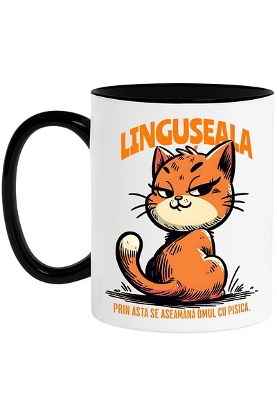 StoryGift Romania Orange Cat Mug with text LINGUSEALA, 330ml, Ceramic with Black Handle, With Black Handle, STG
