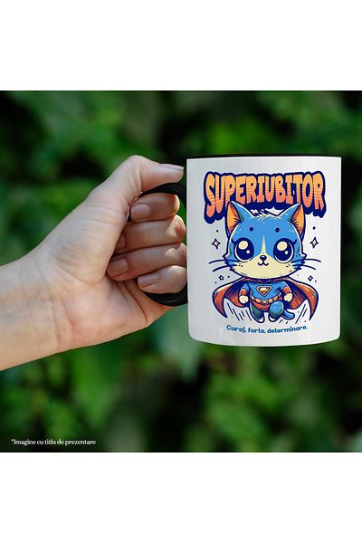 StoryGift Romania Super Lover Mug, Superhero, Flying Cat, 330ml, Ceramic with Black Handle, With Handle, STG