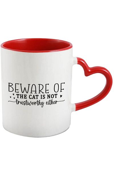 StoryGift Romania Mug with the message "Be careful of the cat, she can't be trusted either" with Heart Handle, With ,STG