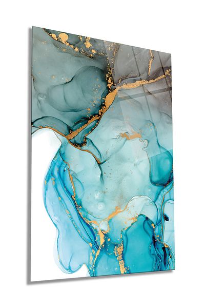 Rosyvien Tablou vertical din sticlă cu aspect de marmură aurie albastră, decor de perete pentru casă și birou, cadou de lux, anti-zgârieturi, anti-zgârieturi