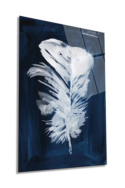 Rosyvien Blue Fonda White Feather Vertical Glass Table, Διακόσμηση τοίχου σπιτιού και γραφείου, πολυτελές δώρο, αντιθραυστικό και αντιχαρακτική