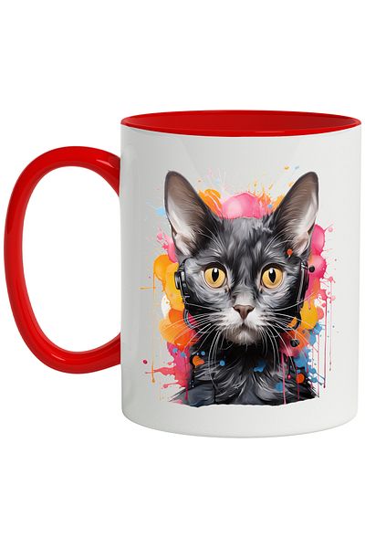 StoryGift Romania Cat Mug, Headphones, Paint, Watercolor, Pet, Multicolor 330 ml, With ,STG