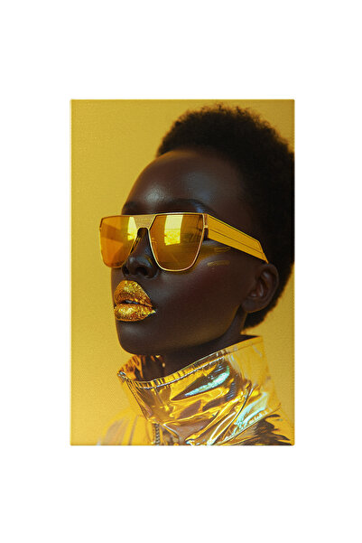 StoryGift Romania Tablou Canvas Accente Poleite În Aur Ale Fetei Arapcă Geacă Lucioasă Buze Și Ochelari Fashion ,