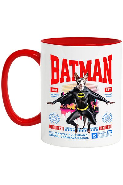 StoryGift Romania Mug with Sphynx Cat in Batman Costume with Cape, Night Hero, Cartoons, With ,STG