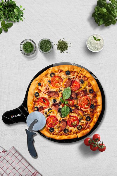Decorita Pizza Presentation Glass with Handle and Cut Channel |   Black Marble |   36cm X 47cm