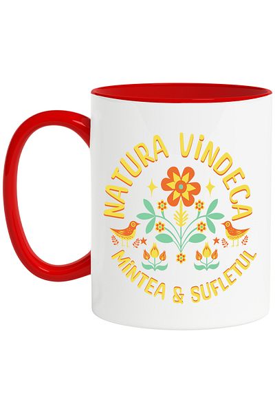 StoryGift Romania Nature Heals Mind & Soul Relaxation Mug, 330ml, Ceramic with Red Handle, With Handle, STG