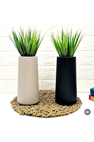 Sezka Life 2'li Çimenli Çizgili Saksı,Yapay Çiçek Saksı,Vazo