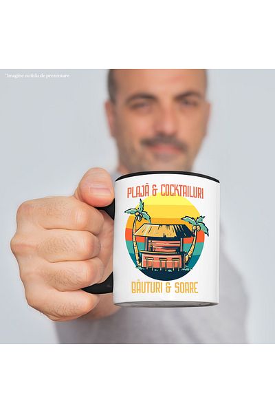 StoryGift Romania Beach and cocktails mug_ drinks and sun, 330ml, Ceramic with Black Handle, With Handle