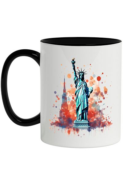 StoryGift Romania Mug With Monument, Statue of Liberty, USA, Watercolor, Multicolor 330 ml, Ceramics, With ,STG