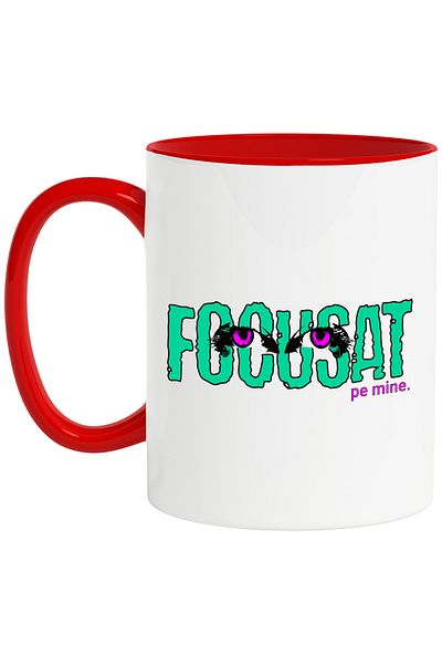 StoryGift Romania Purple Woman's Eyes Mug, Text FOCUSED ON ME, 330ml, Ceramic with Red Handle, With Handle, STG