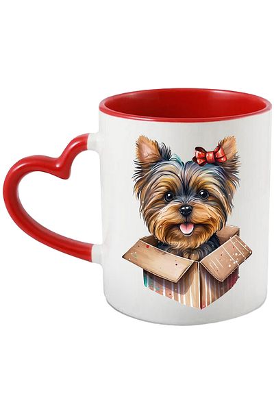 StoryGift Romania Mug With A Cheerful Puppy Coming Out Of A Box | Illustration | Gift | Bow | , With ,stg