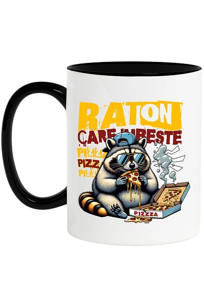 StoryGift Romania Animal Mug Raccoon with a Cap Who Loves Pizza, 330ml, Ceramic with Black Handle, With Handle, STG