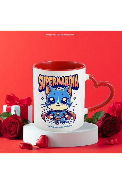 StoryGift Romania Super Marina Mug, Superhero, Flying Cat, 330ml, Ceramic with Red Heart Handle, With ,STG