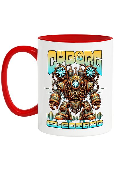 StoryGift Romania Electric Cyborg Cartoon Robot Mug for Kids, 330ml, Ceramic with Red Handle, With Handle, STG