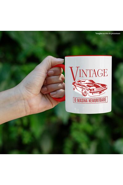 StoryGift Romania Cana Vintige Masina Clasica Nemuritoare Viteza, 330ml, Ceramic Cu Maner Rosu, Cu Mane,stg