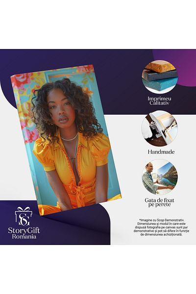 StoryGift Romania Tablou Canvas Mulatto Lady In Salopeta Portocalie Cu Parul Cret Si Cercei Cu Buze Mari Si Lant