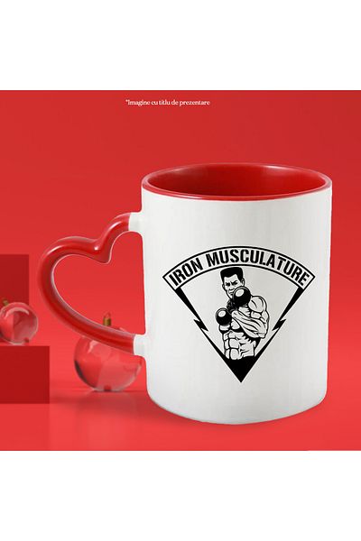 StoryGift Romania Mug with a bodybuilder lifting a weight at the gym with the message "Iron musculature, With ,STG