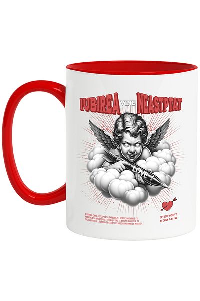 StoryGift Romania Mug Love Comes Unexpected Angel Devil with Gun, 330ml, Ceramic with Red Handle, With M,STG