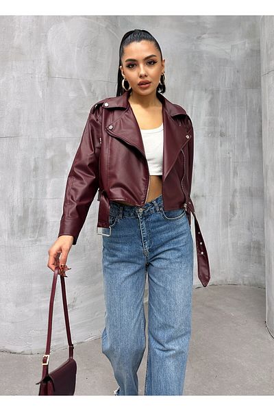 mypagebutik Double Breasted Collar Belted Women's Faux Leather Jacket