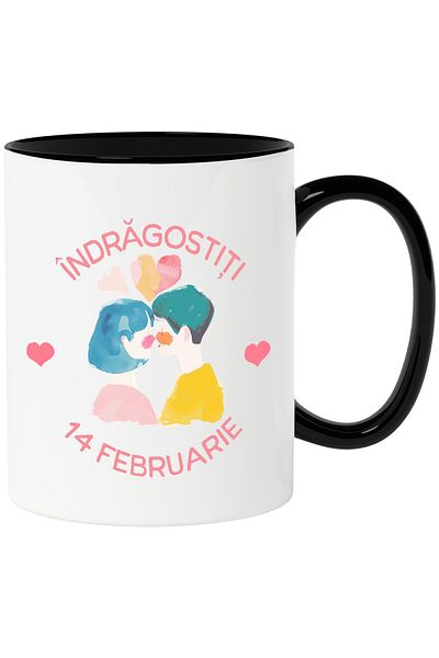 StoryGift Romania Couple Mug Lovers February 14 Love, 330ml, Ceramic with Black Handle, With Handle, STG.