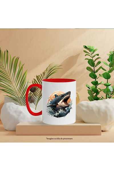 StoryGift Romania Shark Mug, Teeth, Waves, Ocean, Water, Sunset, Animal, Multicolor 330 ml, Wax, With
