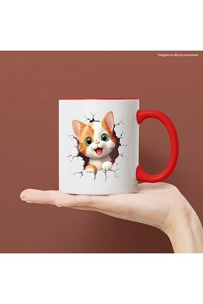 StoryGift Romania Mug with a curious kitten sticking its head through a broken wall, illustration, j, Cu